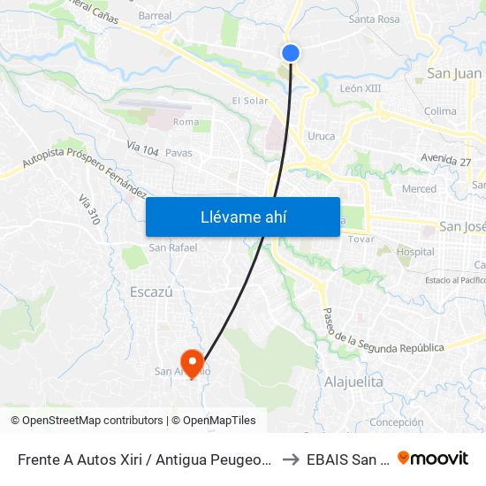 Frente A Autos Xiri / Antigua Peugeot, La Valencia Heredia to EBAIS San Antonio map