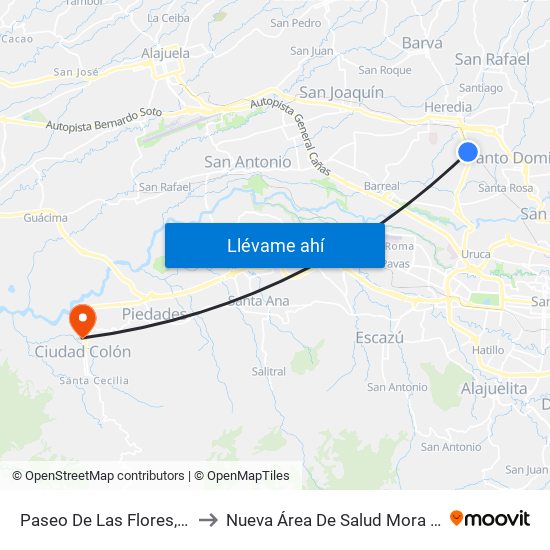 Paseo De Las Flores, Heredia to Nueva Área De Salud Mora Palmichal map