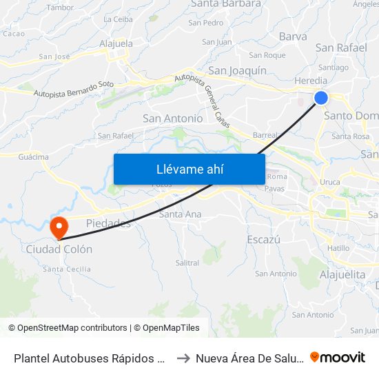 Plantel Autobuses Rápidos Heredianos, Pirro Heredia to Nueva Área De Salud Mora Palmichal map