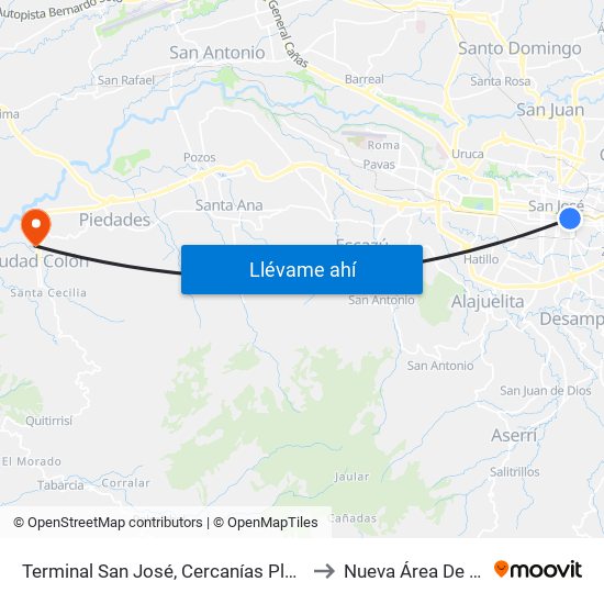 Terminal San José, Cercanías Plaza De Las Garantías Sociales La Soledad to Nueva Área De Salud Mora Palmichal map