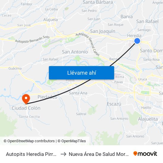 Autopits Heredia Pirro, Heredia to Nueva Área De Salud Mora Palmichal map