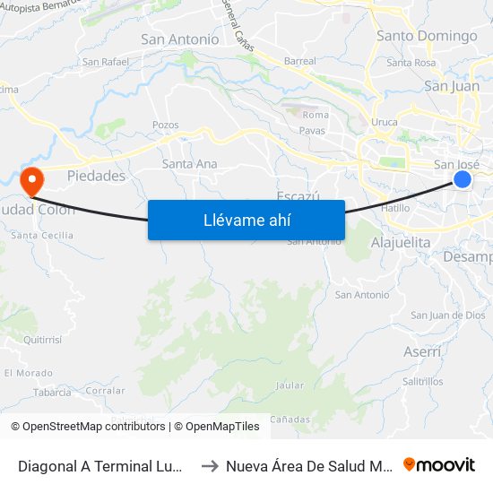 Diagonal A Terminal Lumaca San José to Nueva Área De Salud Mora Palmichal map