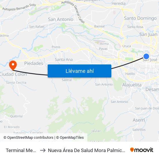 Terminal Mepe to Nueva Área De Salud Mora Palmichal map