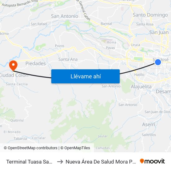 Terminal Tuasa San José to Nueva Área De Salud Mora Palmichal map