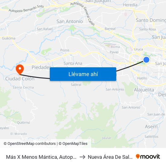 Más X Menos Mántica, Autopista General Cañas San José to Nueva Área De Salud Mora Palmichal map