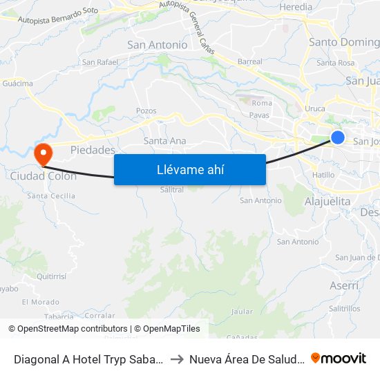 Diagonal A Hotel Tryp Sabana, Mántica San José to Nueva Área De Salud Mora Palmichal map