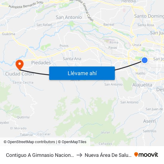 Contiguo A Gimnasio Nacional, Sabana Este San José to Nueva Área De Salud Mora Palmichal map