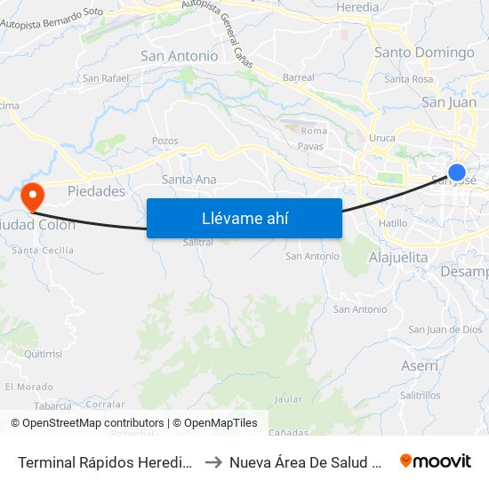 Terminal Rápidos Heredianaos, San José to Nueva Área De Salud Mora Palmichal map