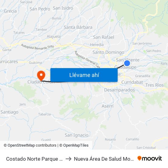 Costado Norte Parque De Moravia to Nueva Área De Salud Mora Palmichal map