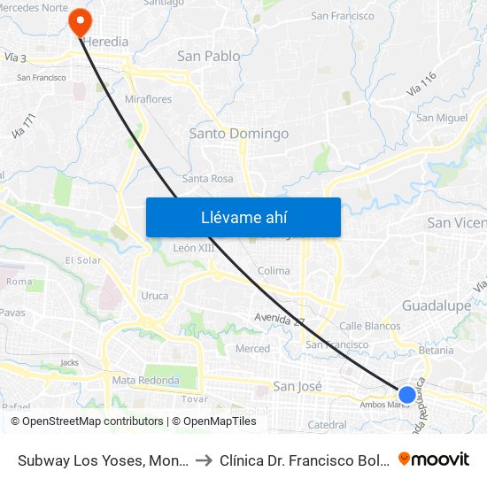 Subway Los Yoses, Montes De Oca to Clínica Dr. Francisco Bolaños Araya map