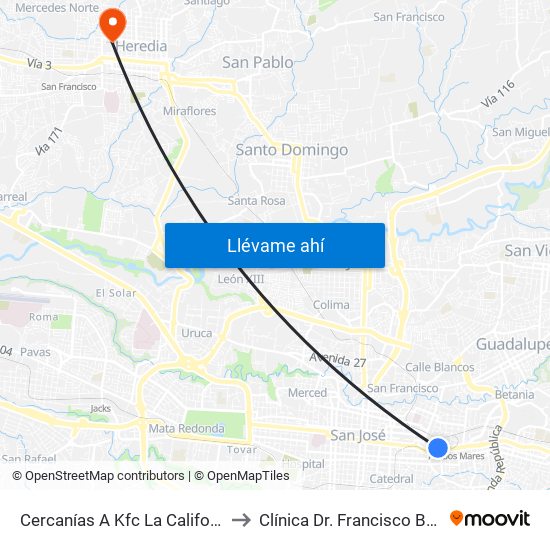 Cercanías A Kfc La California, San José to Clínica Dr. Francisco Bolaños Araya map