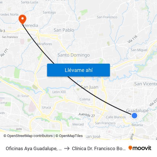 Oficinas Aya Guadalupe, Goicoechea to Clínica Dr. Francisco Bolaños Araya map