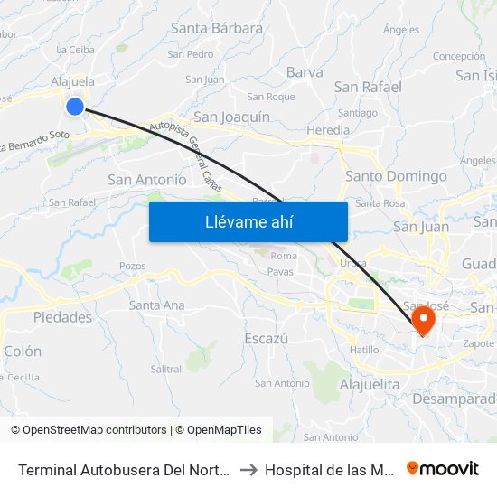 Terminal Autobusera Del Norte, Radial Francisco J. Orlich Alajuela to Hospital de las Mujeres Dr. Adolfo CARIT map