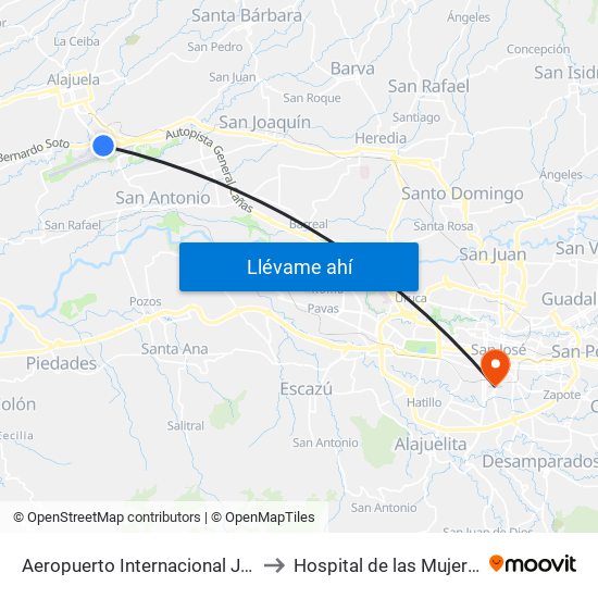 Aeropuerto Internacional Juan Santamaría, Alajuela to Hospital de las Mujeres Dr. Adolfo CARIT map