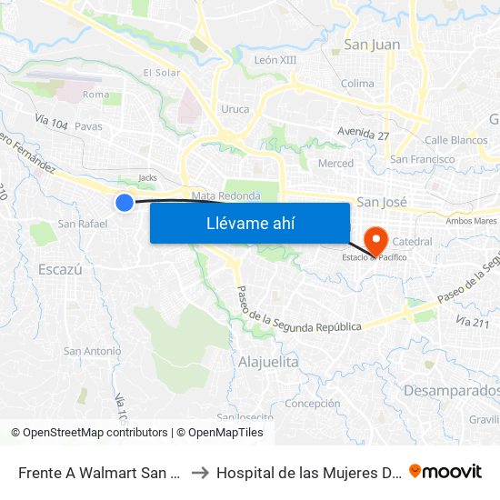 Frente A Walmart San Rafael, Escazú to Hospital de las Mujeres Dr. Adolfo CARIT map