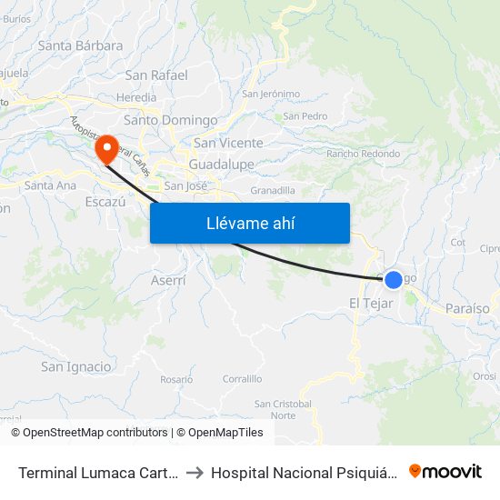 Terminal Lumaca Cartago to Hospital Nacional Psiquiátrico map