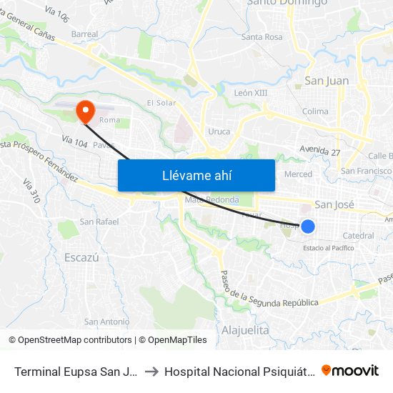 Terminal Eupsa San José to Hospital Nacional Psiquiátrico map