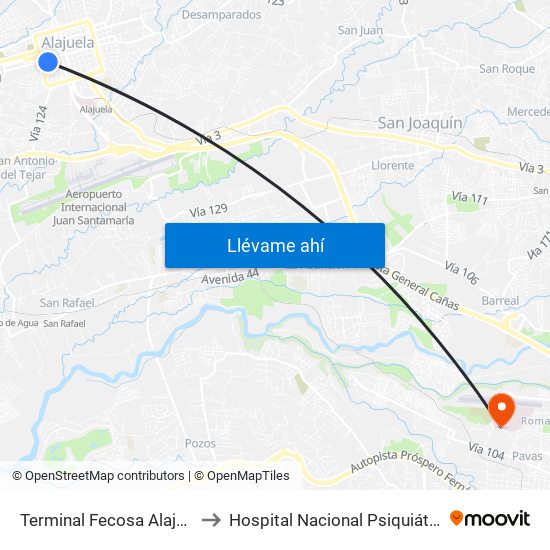 Terminal Fecosa Alajuela to Hospital Nacional Psiquiátrico map