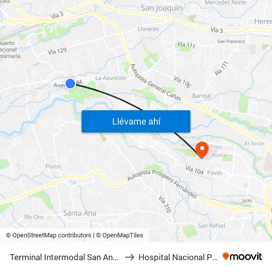 Terminal Intermodal San Antonio De Belén to Hospital Nacional Psiquiátrico map