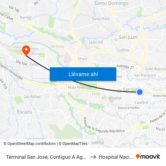 Terminal San José, Contiguo A Agencia Western Union Avenida Segunda to Hospital Nacional Psiquiátrico map