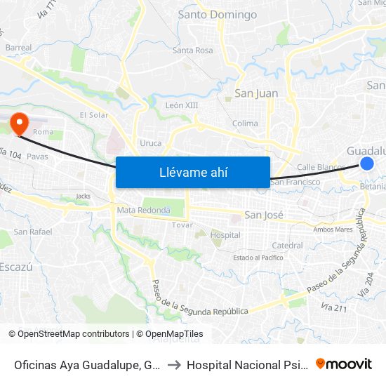 Oficinas Aya Guadalupe, Goicoechea to Hospital Nacional Psiquiátrico map