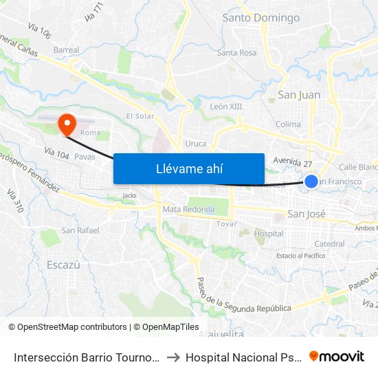 Intersección Barrio Tournon, San José to Hospital Nacional Psiquiátrico map