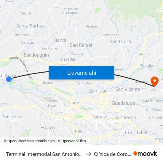 Terminal Intermodal San Antonio De Belén to Clínica de Coronado map