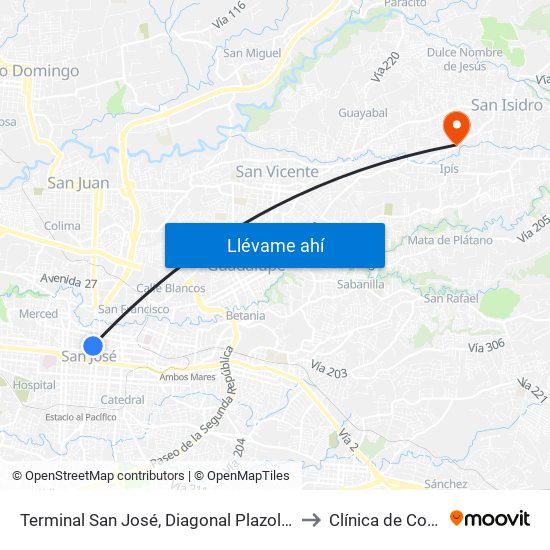 Terminal San José, Diagonal Plazoleta Tiradentes to Clínica de Coronado map