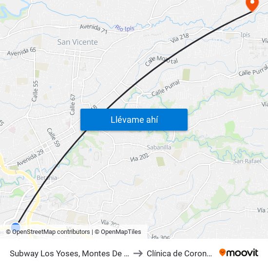 Subway Los Yoses, Montes De Oca to Clínica de Coronado map