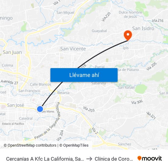 Cercanías A Kfc La California, San José to Clínica de Coronado map