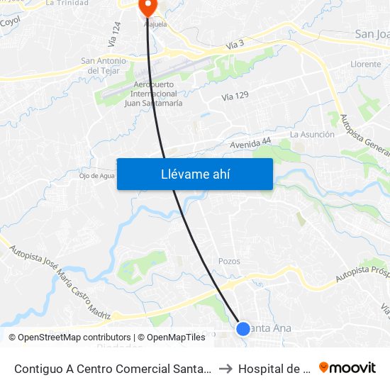 Contiguo A Centro Comercial Santa Ana Town Center to Hospital de Alajuela map
