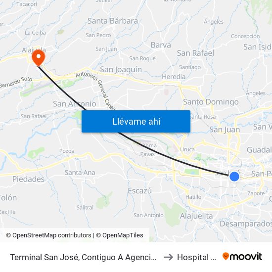 Terminal San José, Contiguo A Agencia Western Union Avenida Segunda to Hospital de Alajuela map