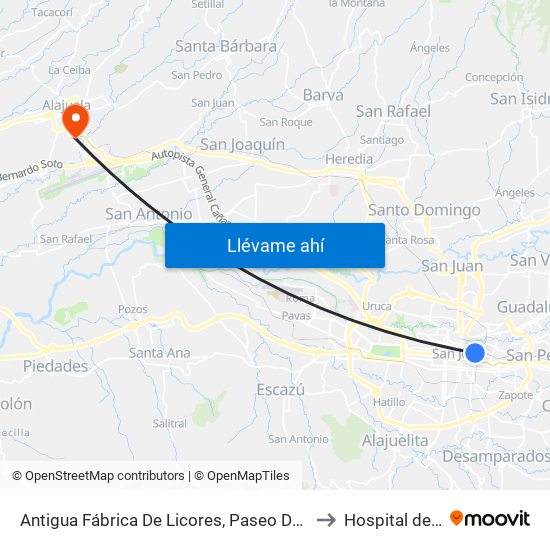 Antigua Fábrica De Licores, Paseo De Las Damas San José to Hospital de Alajuela map