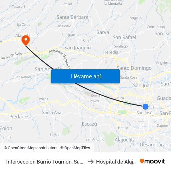 Intersección Barrio Tournon, San José to Hospital de Alajuela map