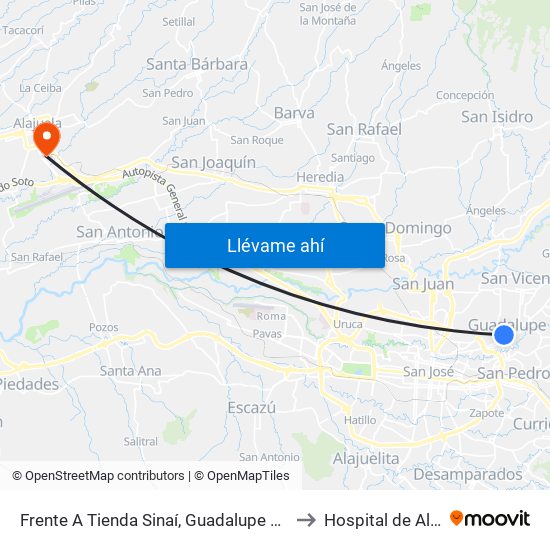 Frente A Tienda Sinaí, Guadalupe Goicoechea to Hospital de Alajuela map