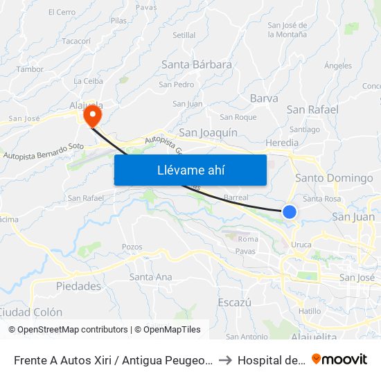 Frente A Autos Xiri / Antigua Peugeot, La Valencia Heredia to Hospital de Alajuela map