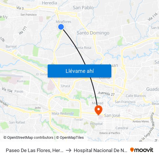 Paseo De Las Flores, Heredia to Hospital Nacional De Niños map