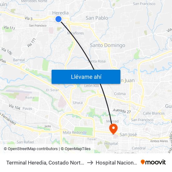 Terminal Heredia, Costado Norte Mercado Heredia to Hospital Nacional De Niños map