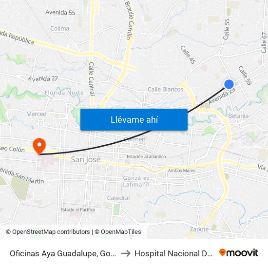 Oficinas Aya Guadalupe, Goicoechea to Hospital Nacional De Niños map