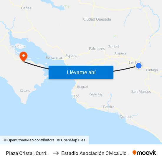 Plaza Cristal, Curridabat to Estadio Asociación Cívica Jicaraleña map