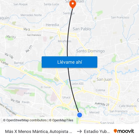 Más X Menos Mántica, Autopista General Cañas San José to Estadio Yuba Paniagua map