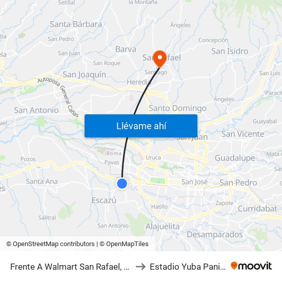 Frente A Walmart San Rafael, Escazú to Estadio Yuba Paniagua map