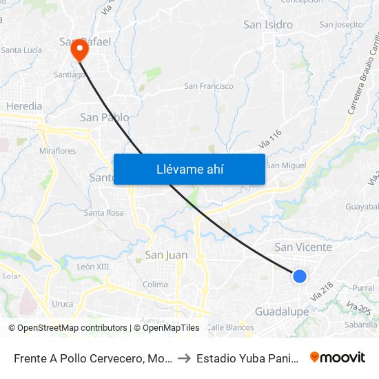 Frente A Pollo Cervecero, Moravia to Estadio Yuba Paniagua map