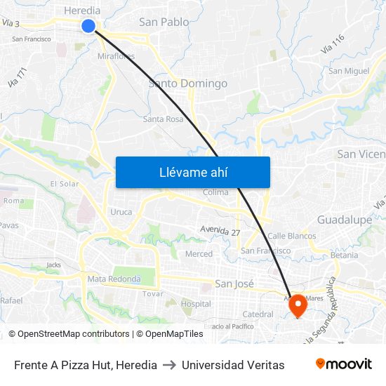 Frente A Pizza Hut, Heredia to Universidad Veritas map