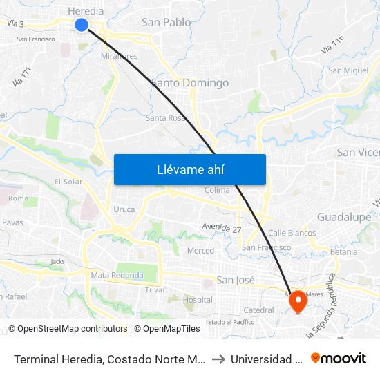 Terminal Heredia, Costado Norte Mercado Heredia to Universidad Veritas map