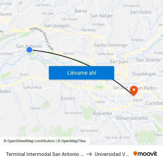 Terminal Intermodal San Antonio De Belén to Universidad Veritas map