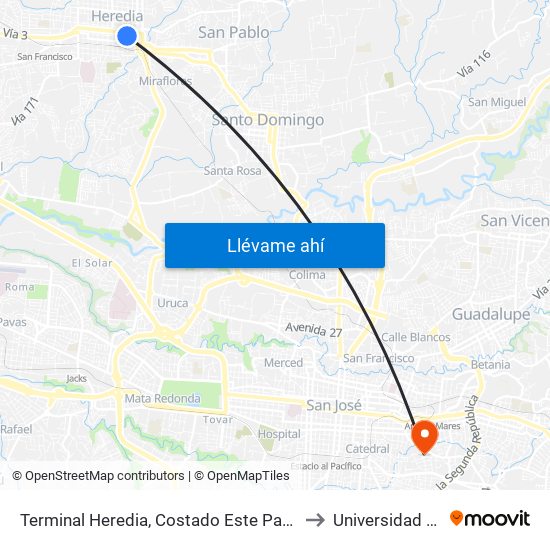 Terminal Heredia, Costado Este Parque El Carmén to Universidad Veritas map