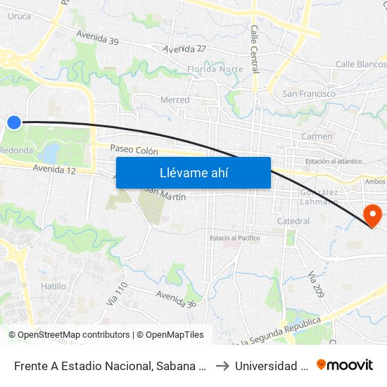 Frente A Estadio Nacional, Sabana Norte San José to Universidad Veritas map