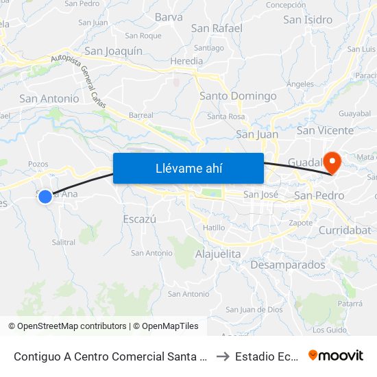 Contiguo A Centro Comercial Santa Ana Town Center to Estadio Ecológico map