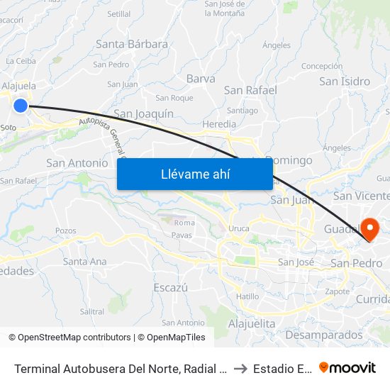 Terminal Autobusera Del Norte, Radial Francisco J. Orlich Alajuela to Estadio Ecológico map